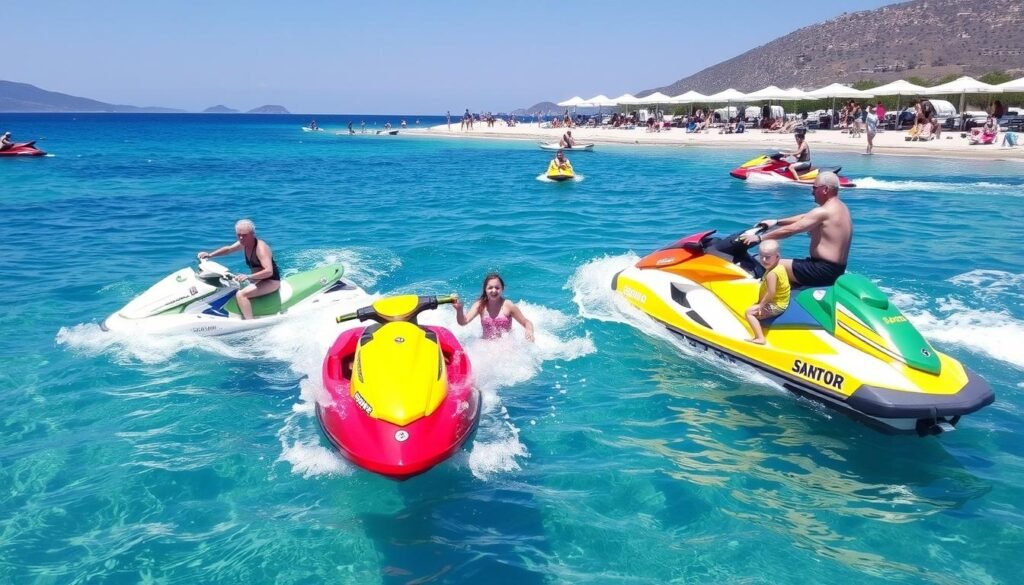 Family enjoying water sports at Ornos Beach